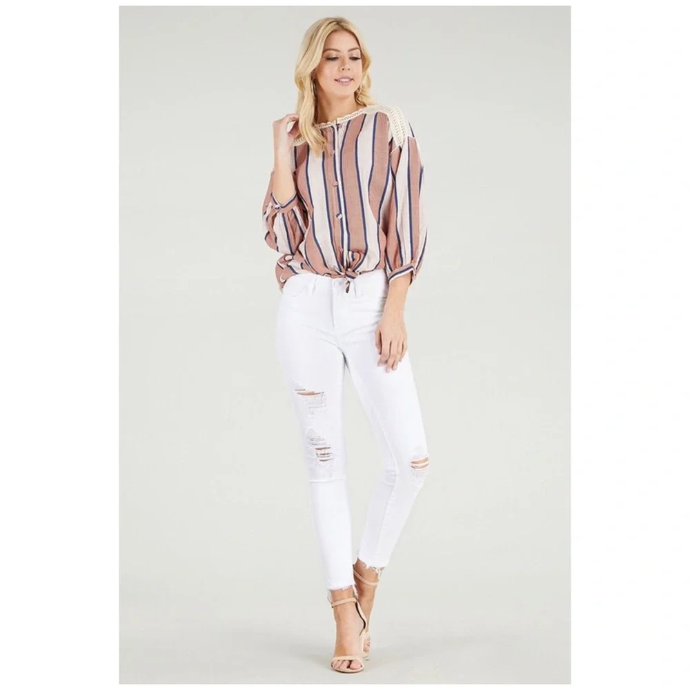 White Mid Rise Destroyed Hem Cropped Skinny Jeans - Picture 2 of 4